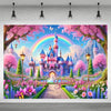A vibrant fairytale castle backdrop featuring a pink and purple castle under a rainbow surrounded by lush pink and green flor