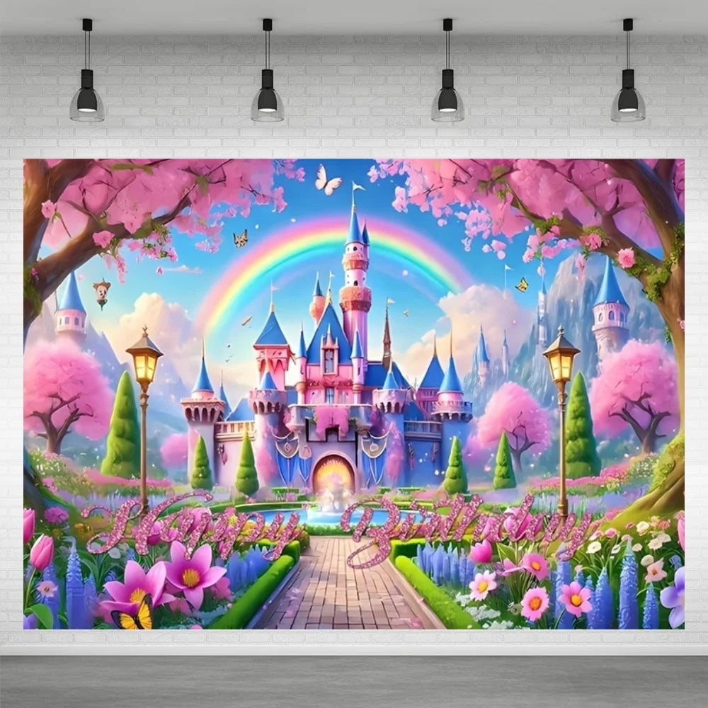 A vibrant fairytale castle backdrop featuring a pink and purple castle under a rainbow surrounded by lush pink and green flor