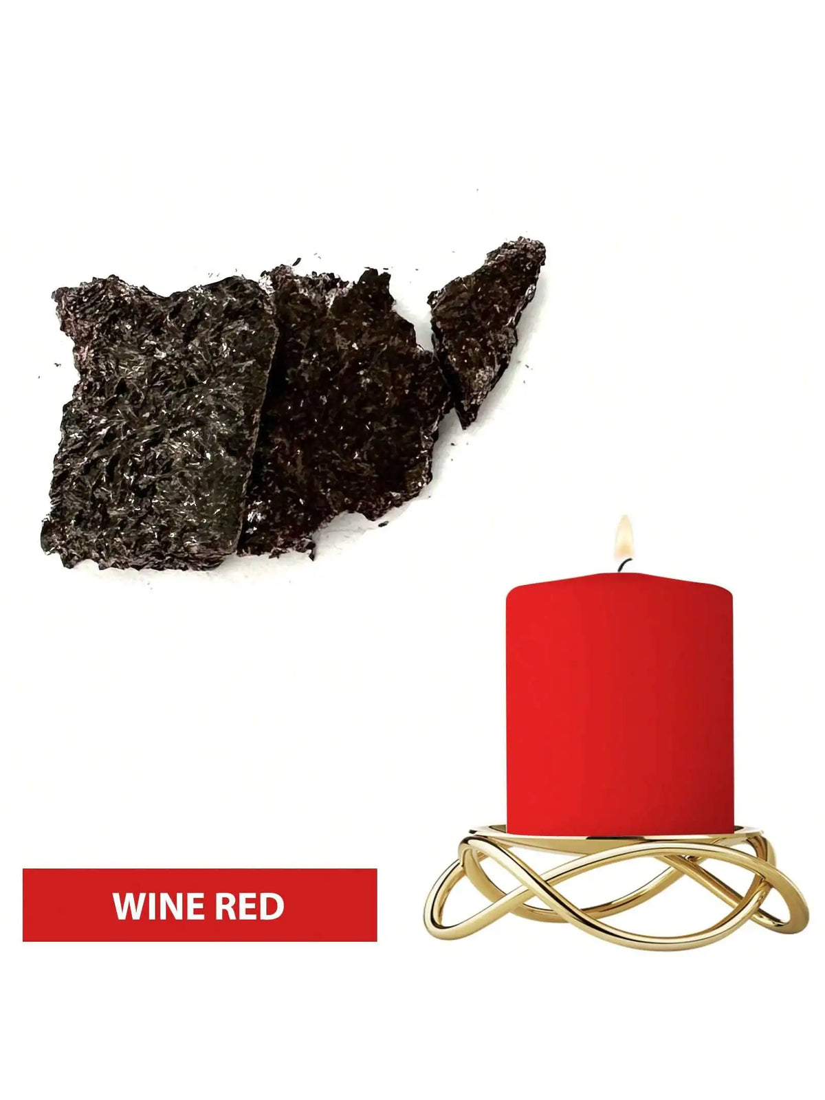 A red wine colored candle in a gold holder next to dark dye blocks.