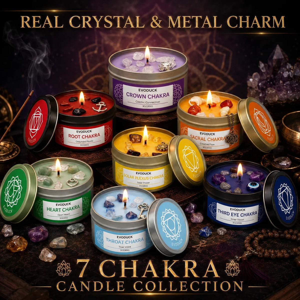 A collection of seven Evoduck chakra candles featuring real crystals and metal charms arranged on a dark wooden surface.