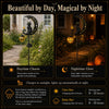 Halloween solar garden stake light featuring a black cat moon pumpkin lantern for daytime and nighttime glow.