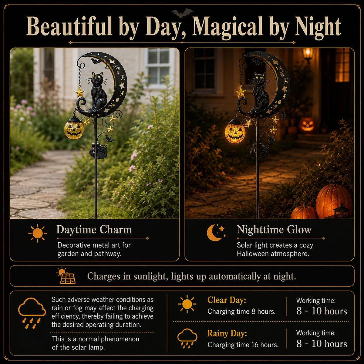 Halloween solar garden stake light featuring a black cat moon pumpkin lantern for daytime and nighttime glow.