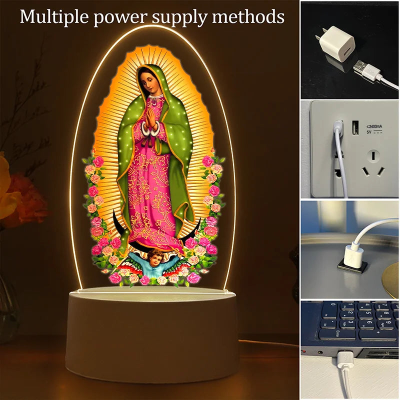 Acrylic LED night light of Our Lady of Guadalupe with a glowing halo and USB power connection.
