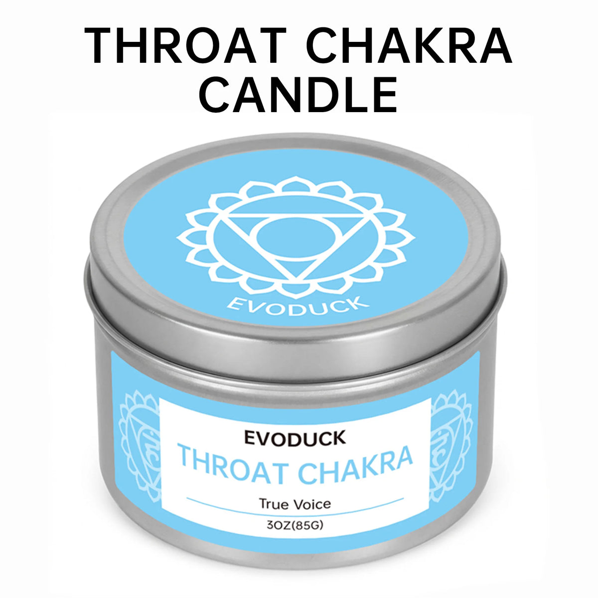 A tin of Throat Chakra candle labeled Evoduck True Voice 3oz (85g)