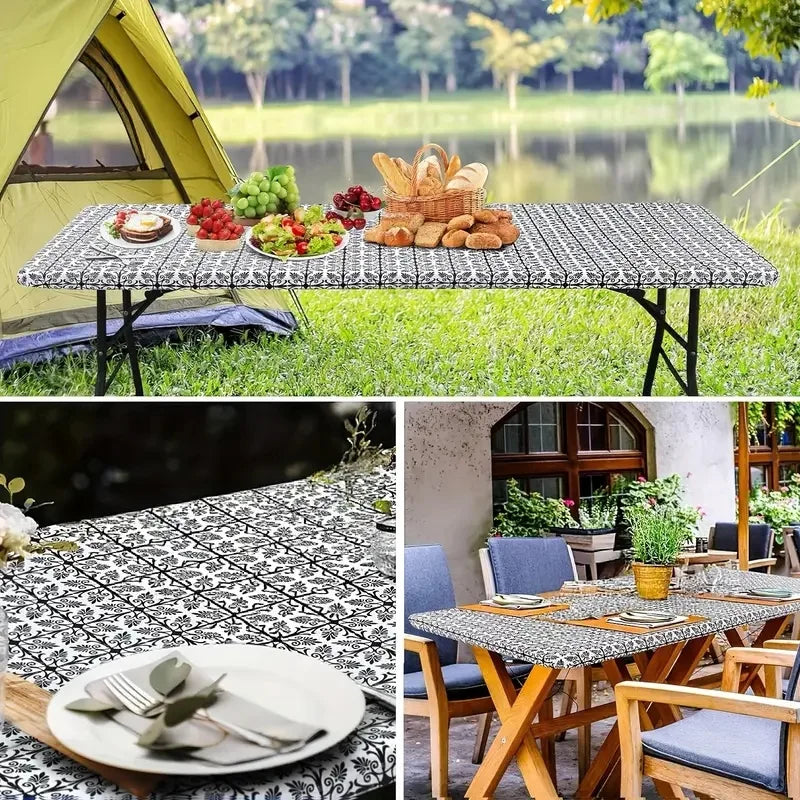 Elastic Fitted Rectangle Tablecloth – Waterproof Vinyl Cover for Indoor & Outdoor Use