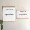 Two rectangular magnetic wooden art frames are displayed on a wall, labeled with their dimensions.