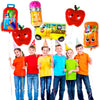 A set of six foil balloons shaped like an apple, a school bus, and various colored fruit/vegetable shapes for back-to-school 