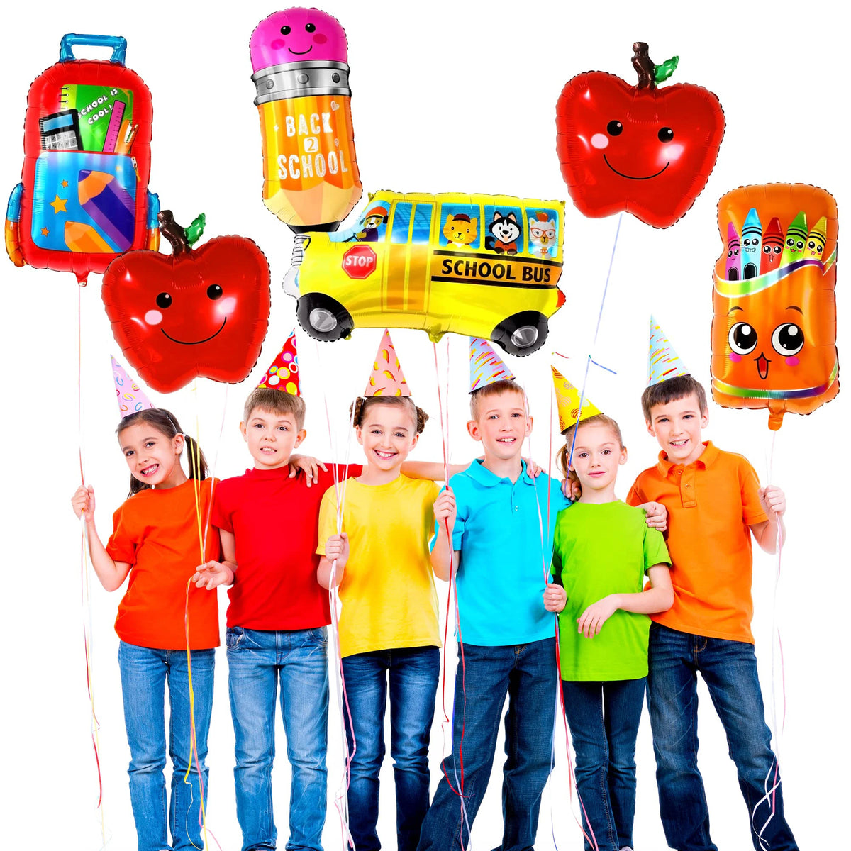 A set of six foil balloons shaped like an apple, a school bus, and various colored fruit/vegetable shapes for back-to-school 