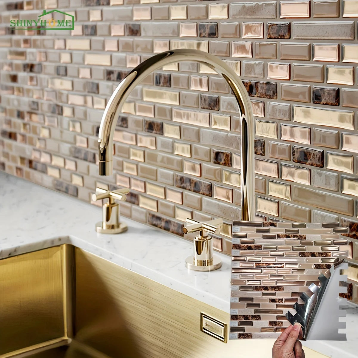 Gold Mosaic Self-Adhesive Wall Tiles for Kitchen and Bathroom