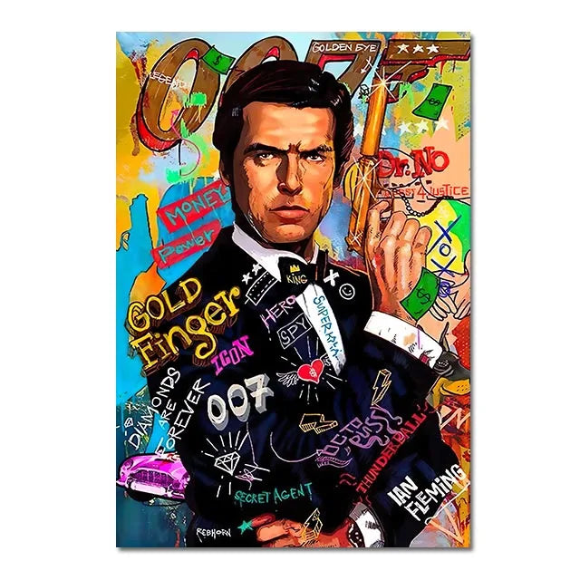 A vibrant abstract graffiti canvas wall art print featuring a portrait of a man with intense expression and gold accents.