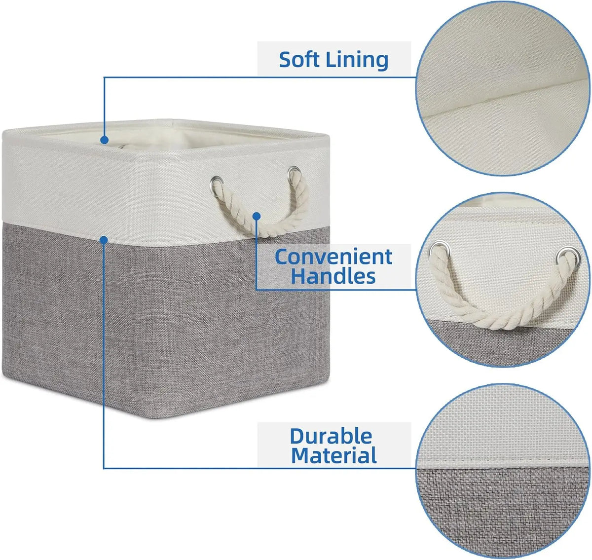 A set of four fabric storage cubes with soft lining, convenient handles, and a durable material in gray and white.