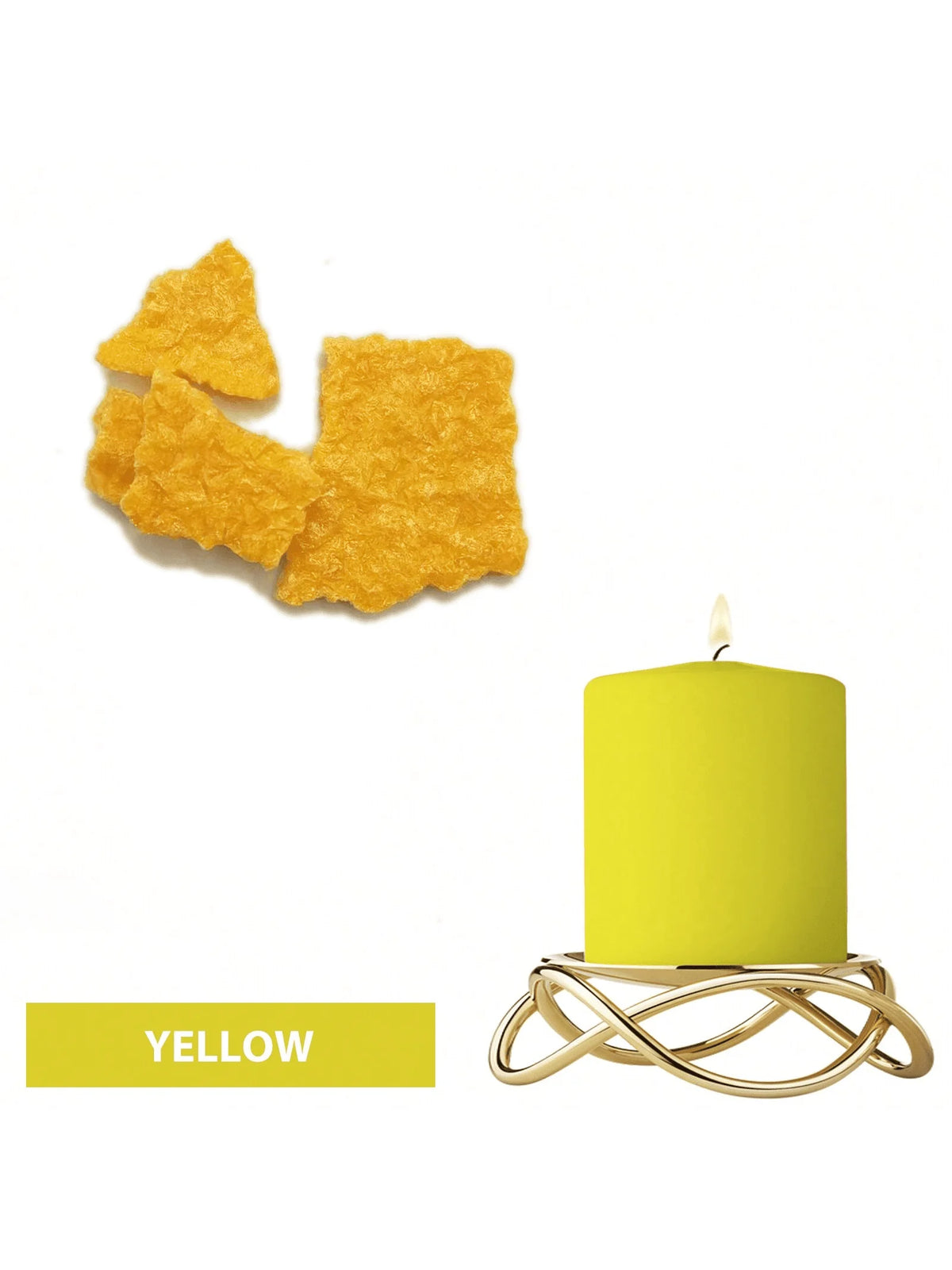 Yellow candle in a gold wire holder with yellow dye blocks nearby.