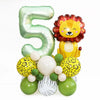 A set of foil balloons shaped like the number 5 and a lion head in yellow, orange, and green colors for a birthday party.
