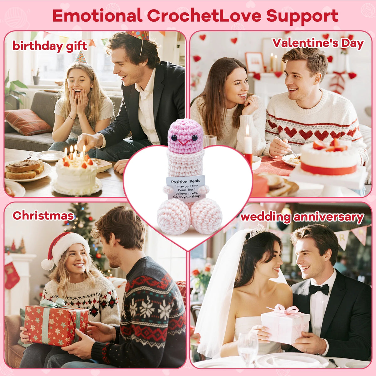A collage of crochet figurine decorations for various occasions like birthday, Valentine's Day, Christmas, and wedding annive