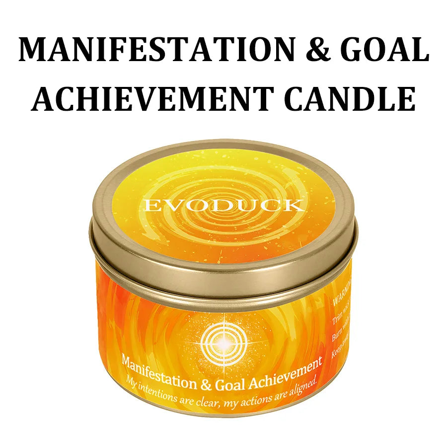A jar of Manifestation & Goal Achievement candle with an Evoduck label and orange-yellow wax.