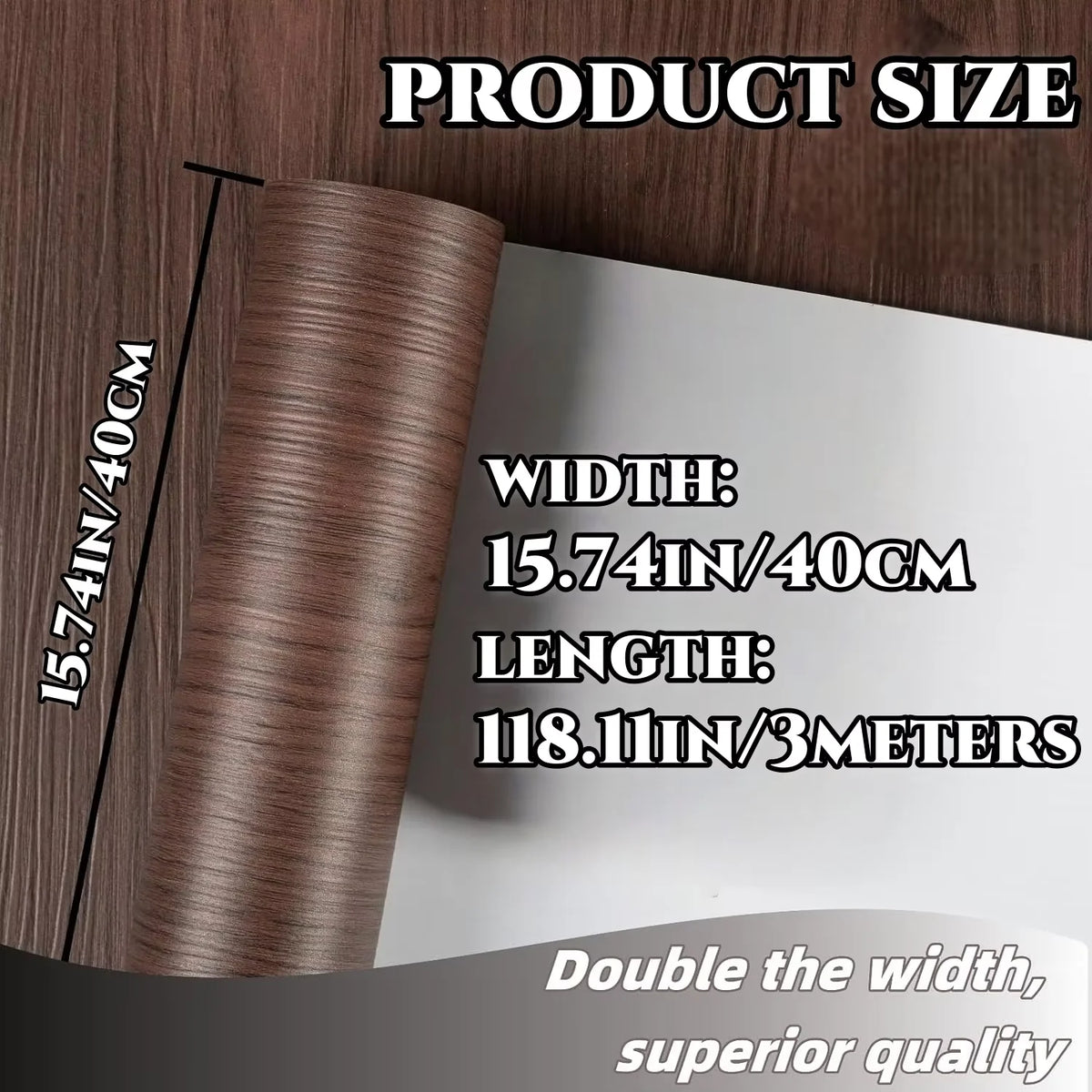 A roll of wood grain PVC wallpaper film showing its size dimensions and quality description.