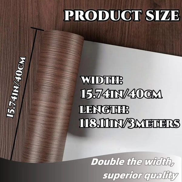 A roll of wood grain PVC wallpaper film showing its size dimensions and quality description.