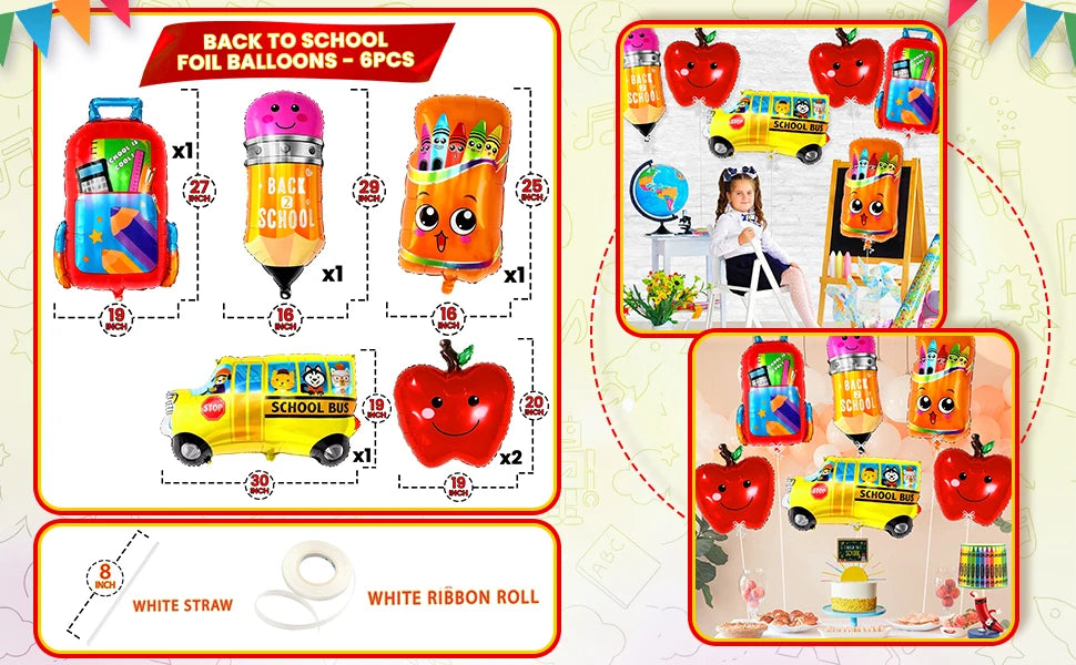A set of six foil balloons featuring school buses and apples for back-to-school celebrations.