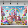 A vibrant illustration of a pink castle surrounded by lush flowers and rainbows with pink and yellow balloons.