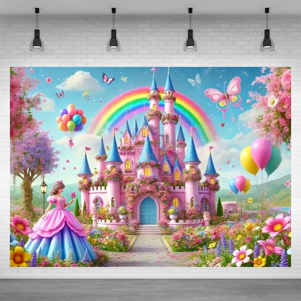 A vibrant illustration of a pink castle surrounded by lush flowers and rainbows with pink and yellow balloons.