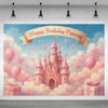 A watercolor illustration of a pink castle surrounded by clouds and balloons for a birthday party backdrop.