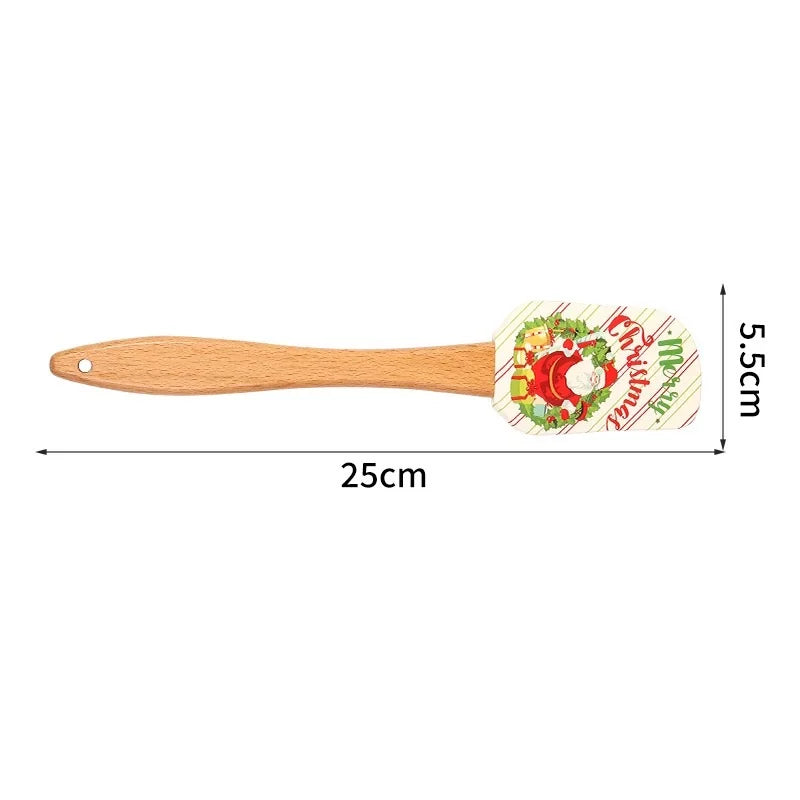 Festive Christmas silicone spatula with a wooden handle for holiday baking