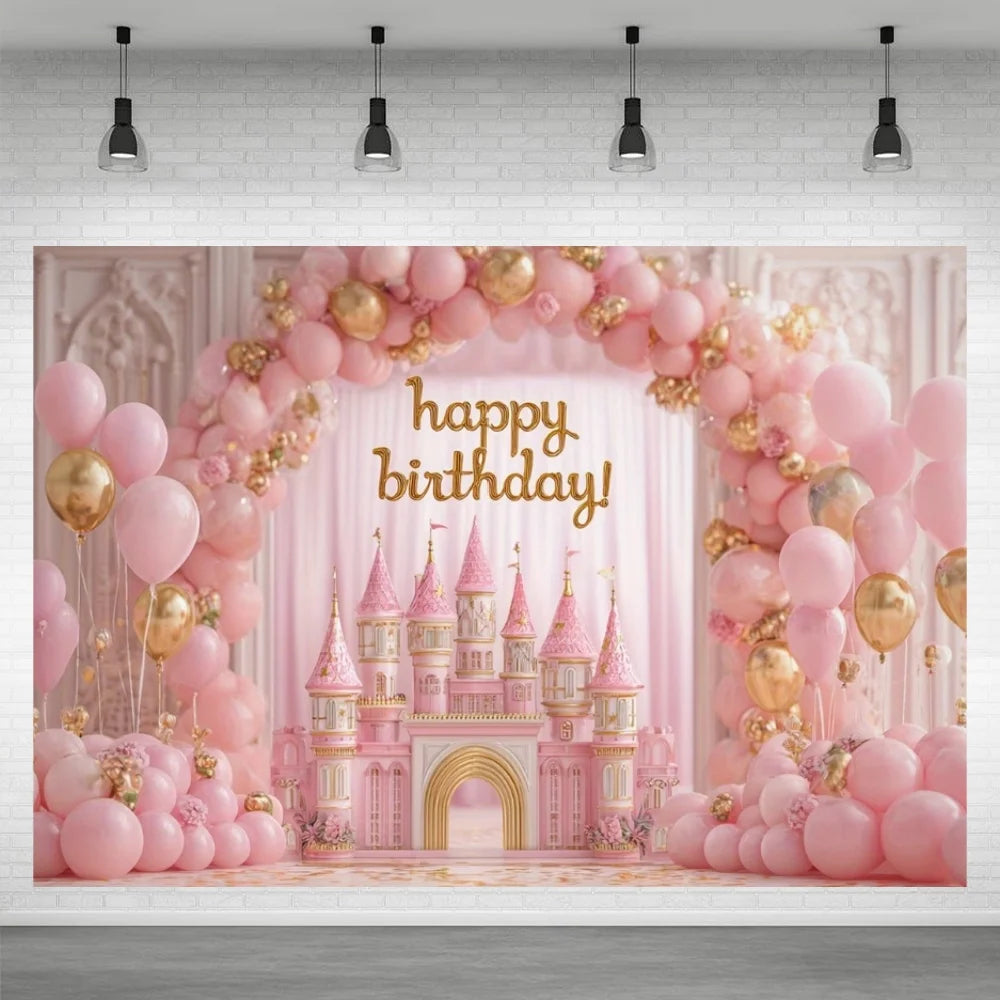 A pink and gold balloon arch backdrop featuring a castle facade for a birthday party.