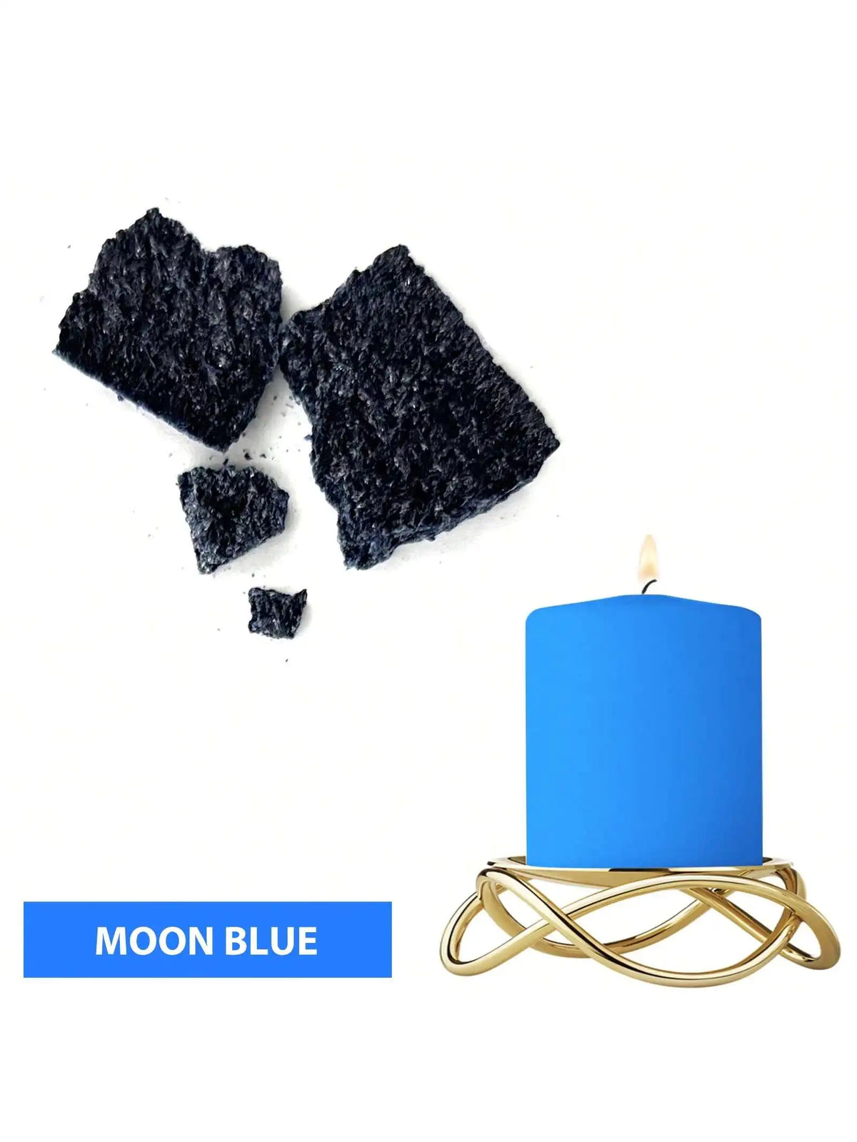 Moon blue candle in a gold wire holder with dark dye blocks nearby