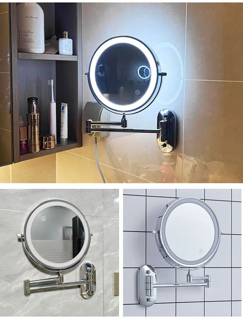 A close-up of an illuminated magnifying makeup mirror with a metal mounting bracket and USB charging connection.