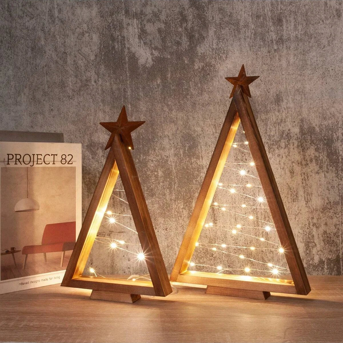 Set of 2 Wooden Tabletop Christmas Trees with Warm White Lights