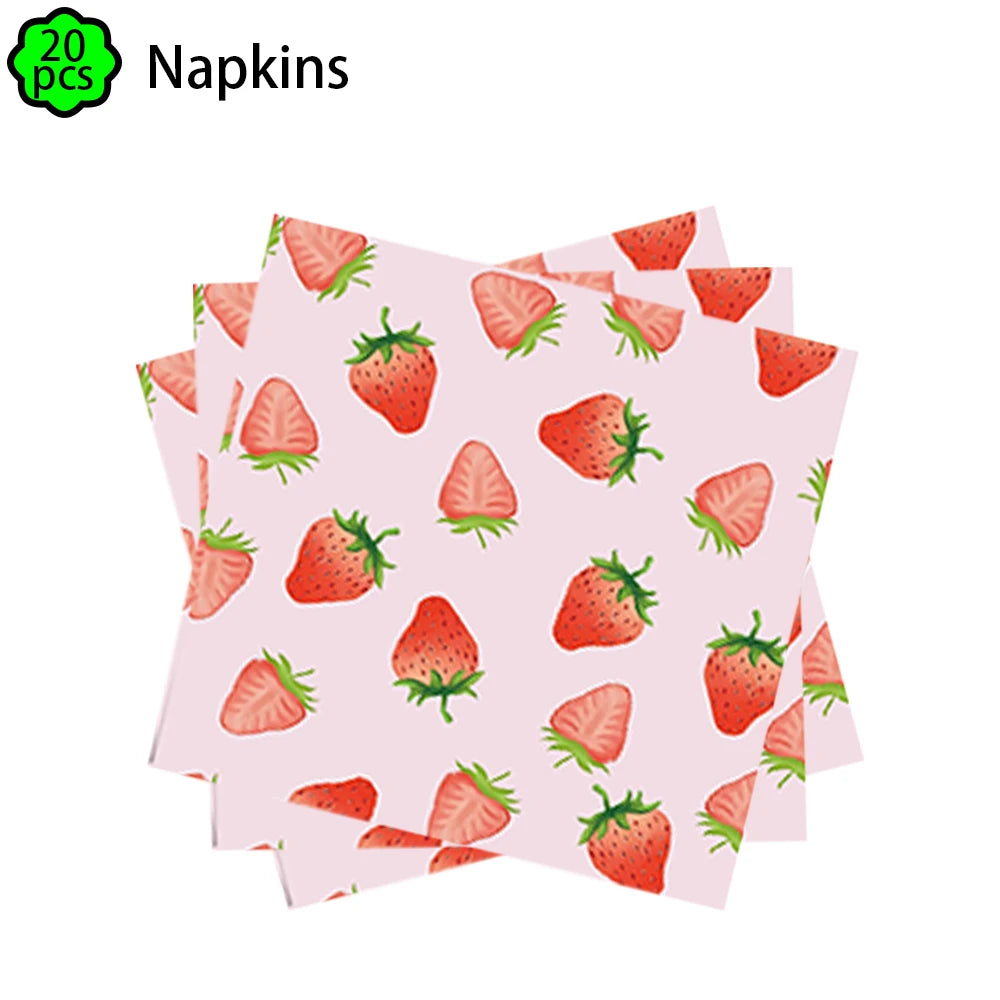 A set of pink strawberry-themed napkins is shown, featuring various strawberry designs.
