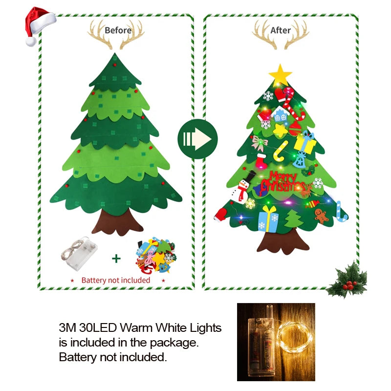 Comparación antes y después de luces LED 3M decorando un árbol de Navidad.