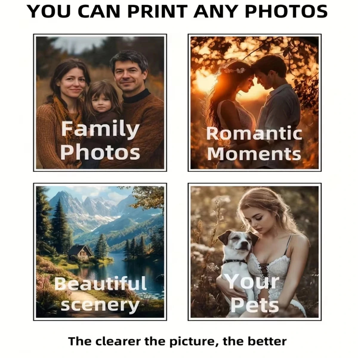 A collage of four photo categories: Family Photos, Romantic Moments, Beautiful scenery, and Your Pets.