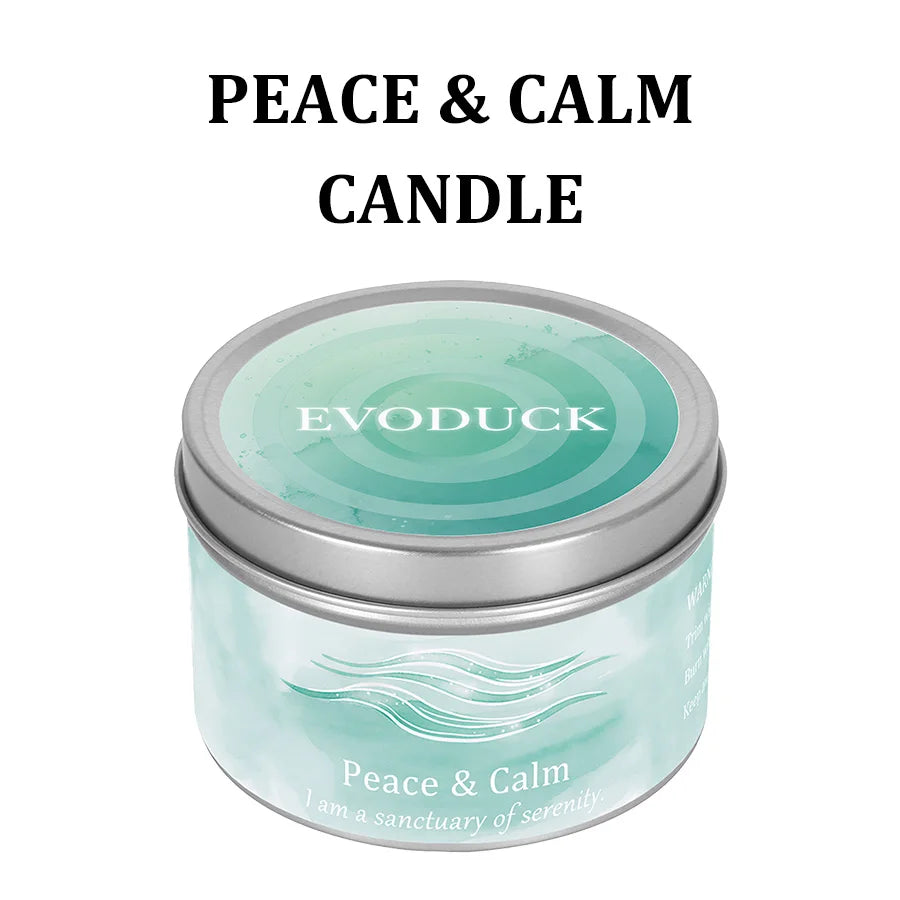 A jar of Peace & Calm candle with a light blue tint and a silver lid.