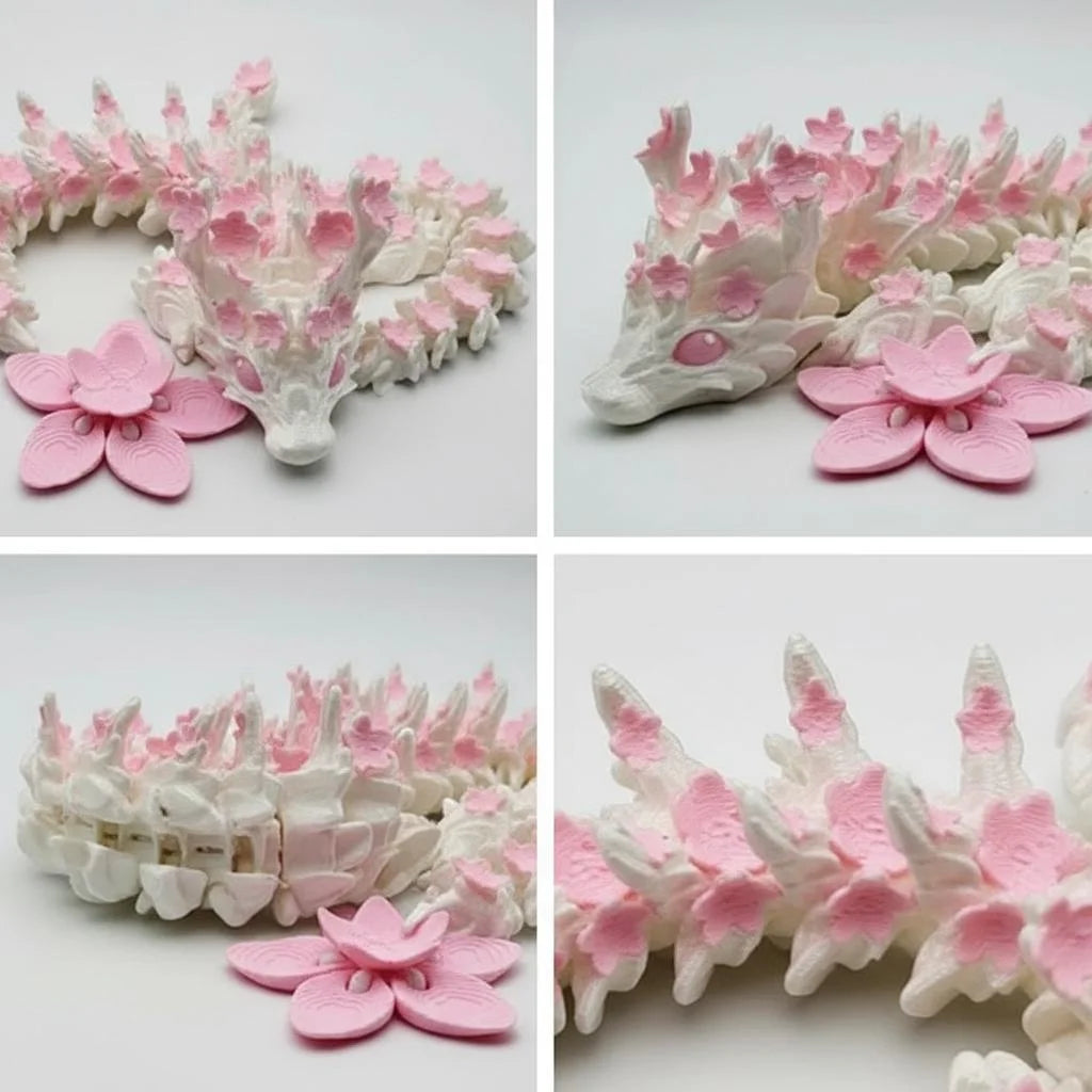 White and pink cherry blossom dragon miniature figurine displayed in multiple angles.