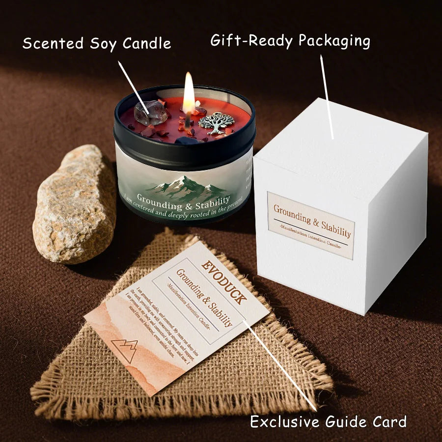 A scented soy candle in a jar with a lit wick, next to gift-ready packaging and an exclusive guide card.