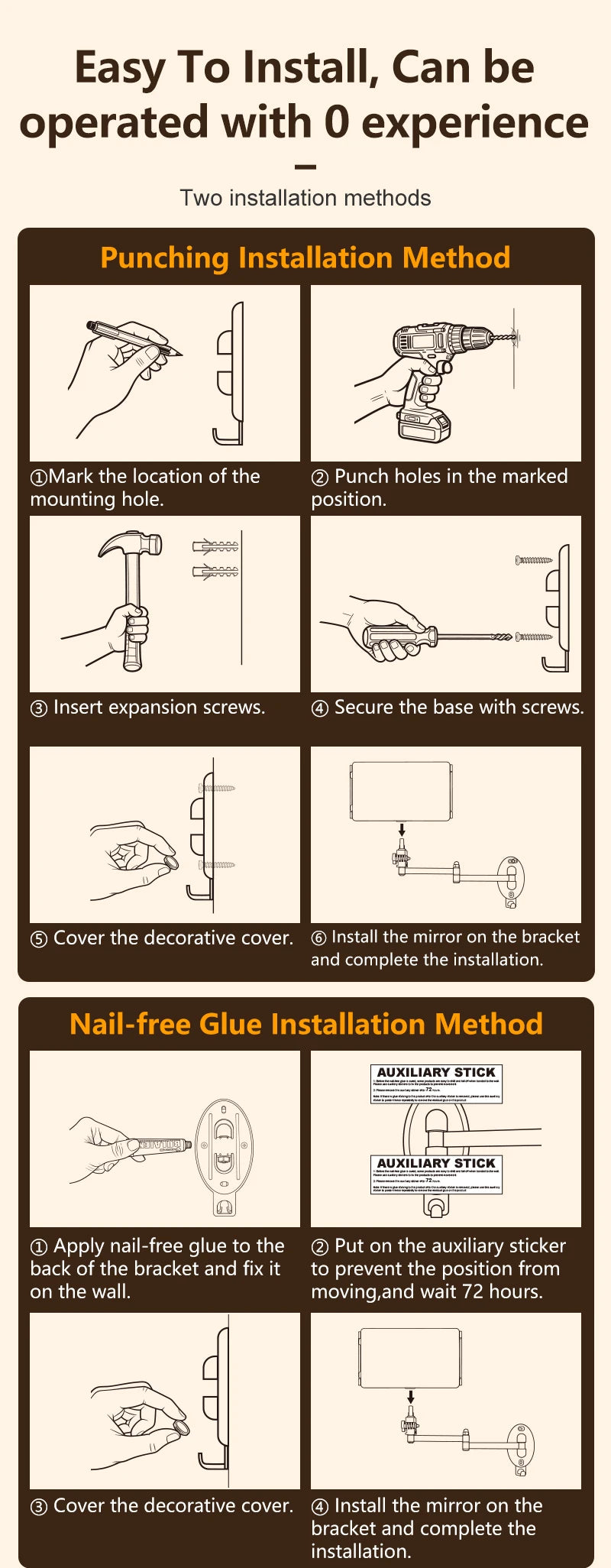 Instructions for installing a 3-way adjustable wall mounted hair cutting mirror using punching or nail-free glue methods.