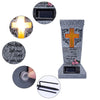 A set of solar LED cross memorial vases and decorative elements, including a lighted cross and engraved text.