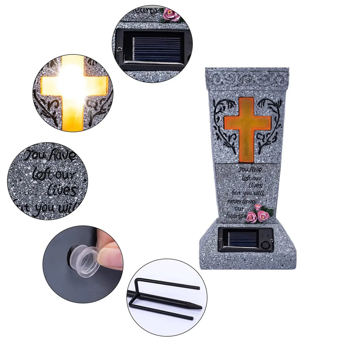 A set of solar LED cross memorial vases and decorative elements, including a lighted cross and engraved text.