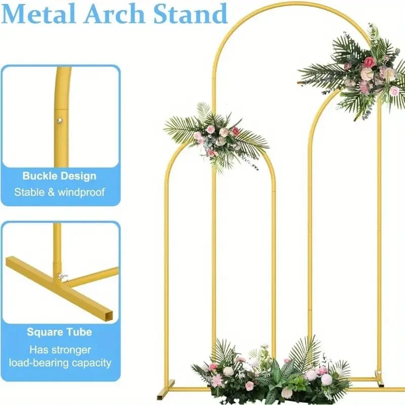 A gold metal arch stand with a buckle design displaying floral arrangements.