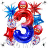 A collection of red and blue foil balloons shaped like the number 3 and various spider-themed decorations.