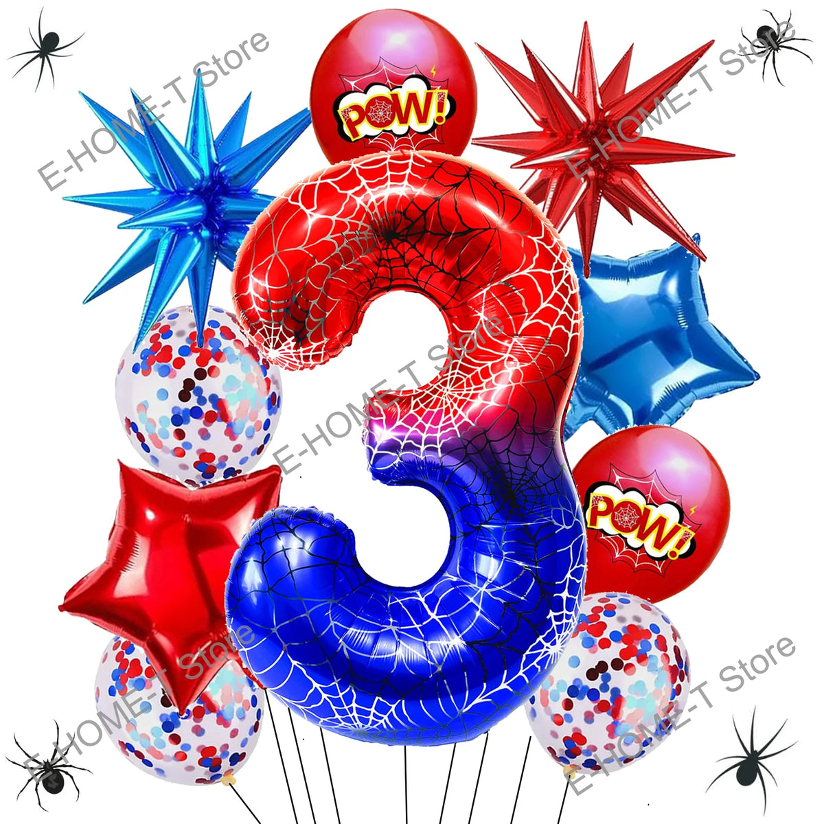 A collection of red and blue foil balloons shaped like the number 3 and various spider-themed decorations.