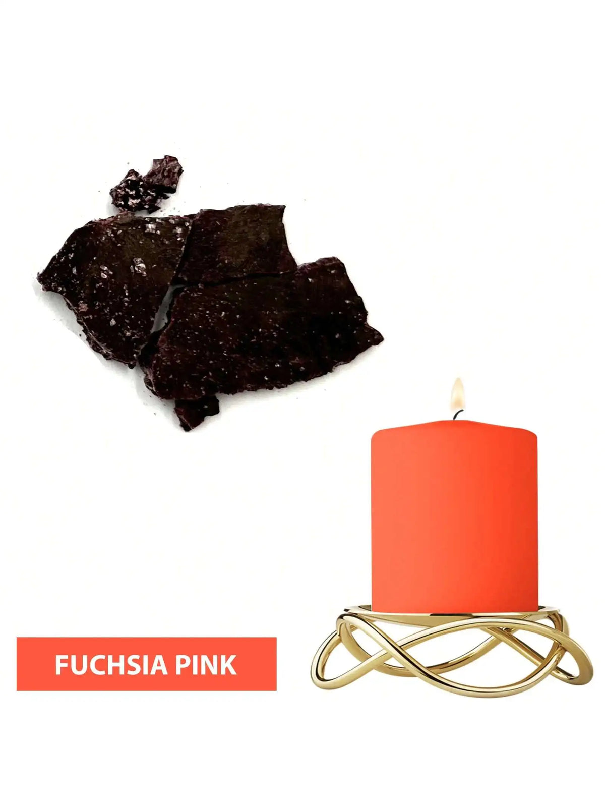 A single bright orange candle in a gold holder, next to dark chocolate dye blocks.