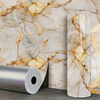 Roll of marble pattern self-adhesive wallpaper featuring gold veining on a light beige background