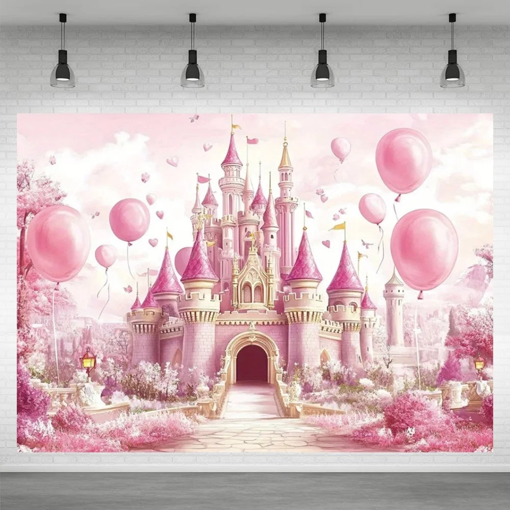 A pink and purple castle backdrop for a birthday party featuring pink balloons and a magical garden setting.