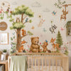 Watercolor woodland forest animal wall decals featuring various forest animals like bears, squirrels, and birds on a white wa