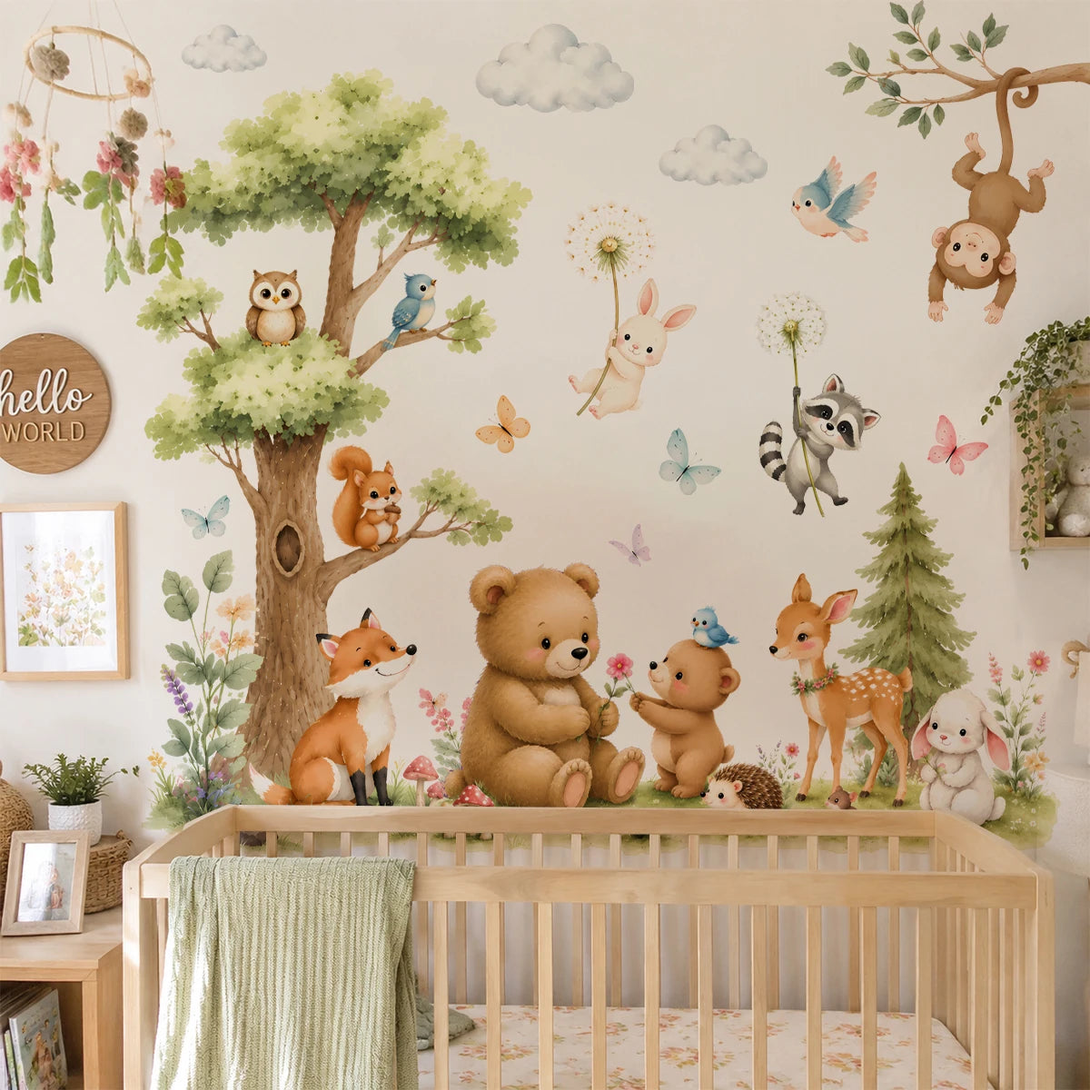 Watercolor woodland forest animal wall decals featuring various forest animals like bears, squirrels, and birds on a white wa