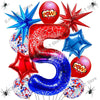 A large red foil balloon shaped like the number 5 with a spider theme, surrounded by other star-shaped balloons.