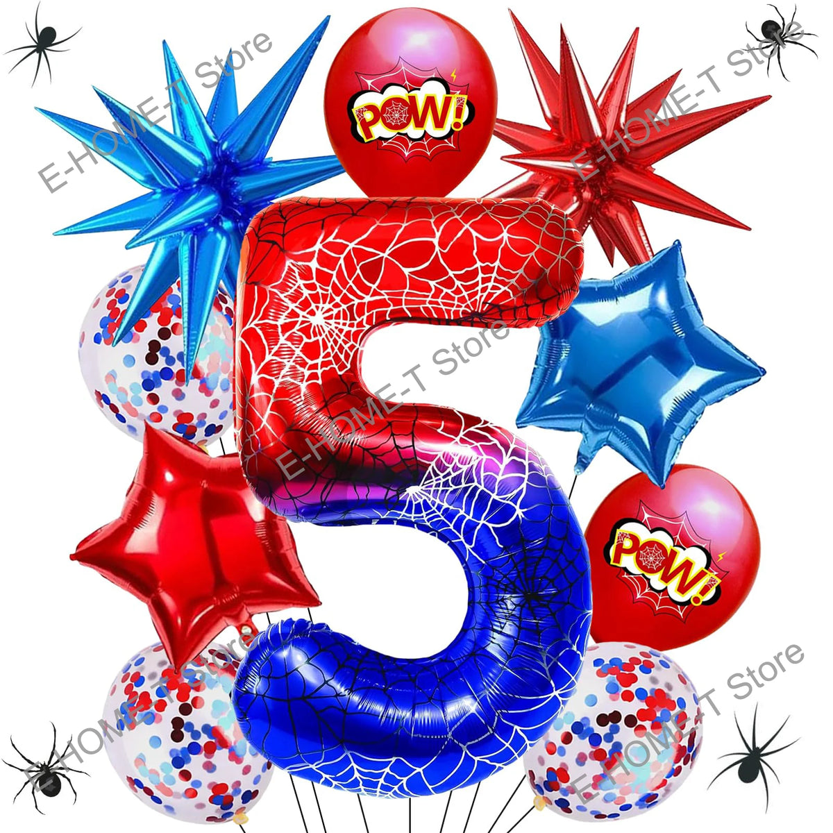 A large red foil balloon shaped like the number 5 with a spider theme, surrounded by other star-shaped balloons.