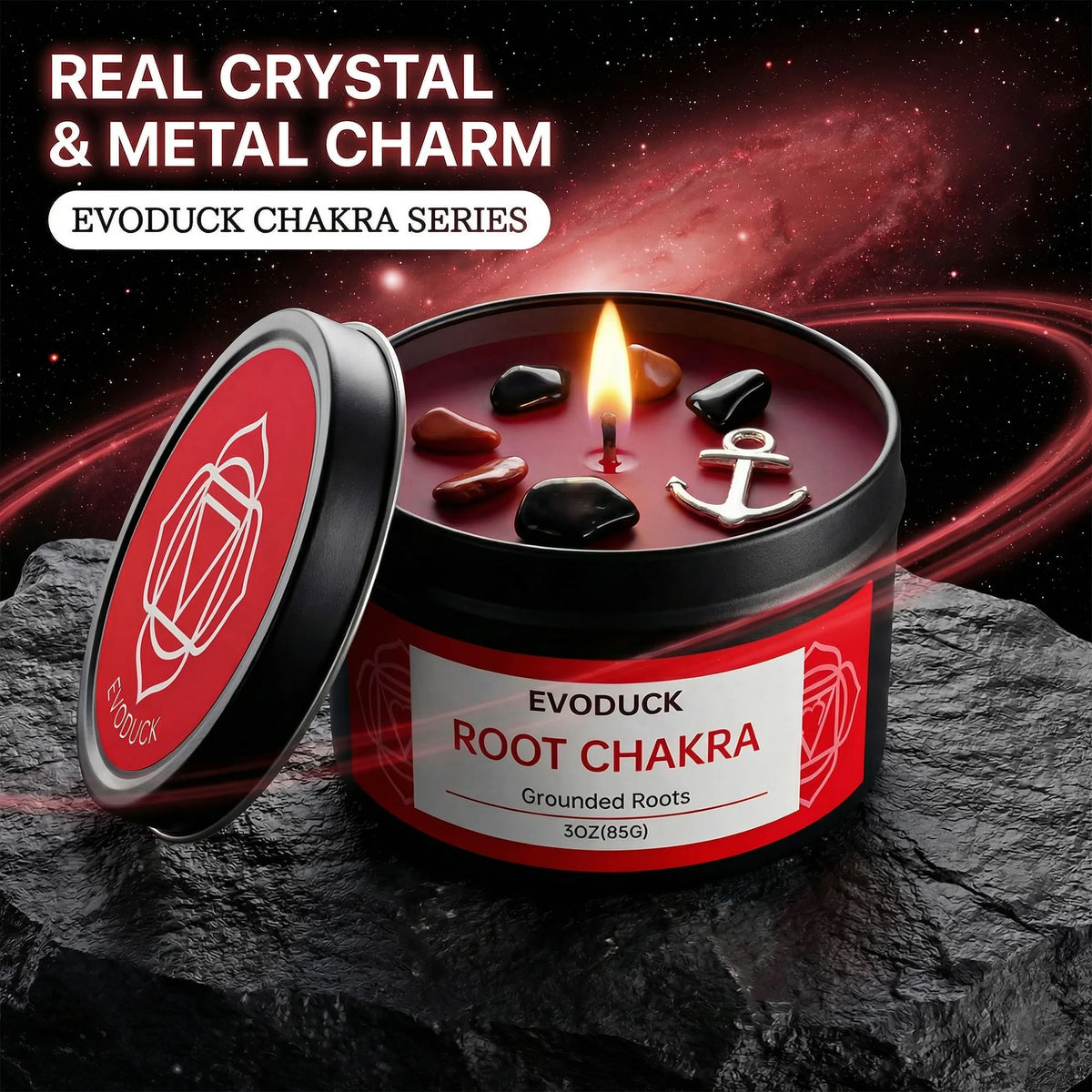 Evoduck Root Chakra scented candle featuring real crystals and metal charm set